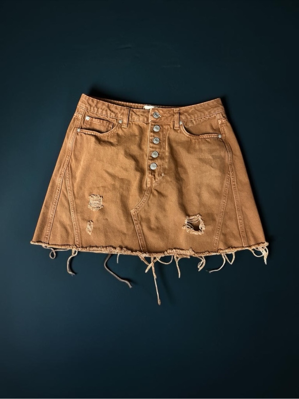 Distressed Brown Denim Mini Skirt - Casual A-Line